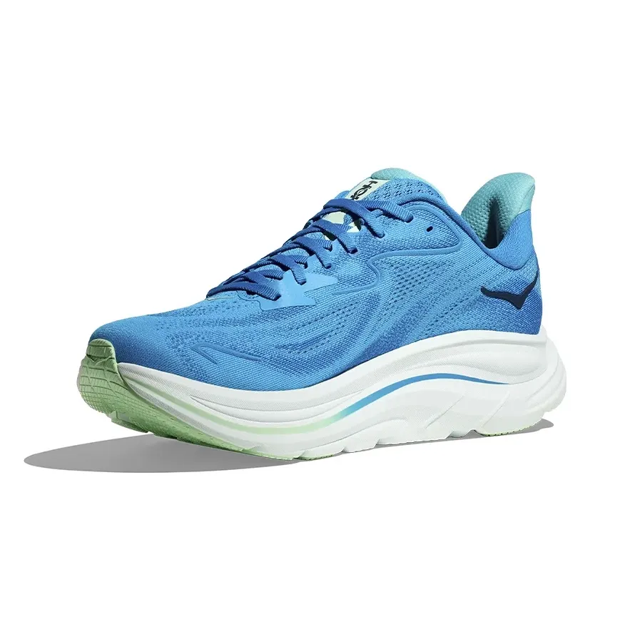 Tênis Hoka Clifton 10 masculino azul visto em ângulo frontal lateral esquerda